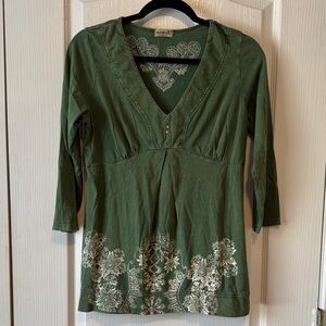 One World Live and Let Live Forest Green 100% Cotton 3/4 Sleeve Tunic V-neck Top